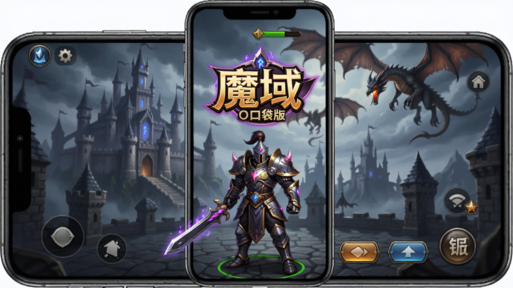 魔域口袋版游戏主界面展示图,主体是手机屏幕中呈现的魔幻风格游戏场景,布局为手机正面竖屏展示,排版居中突出游戏LOGO与角色,风格为暗黑魔幻史诗感,细节包括角色身穿铠甲、背景有城堡与飞龙、界面按钮清晰,画质高清、干净、无多余元素