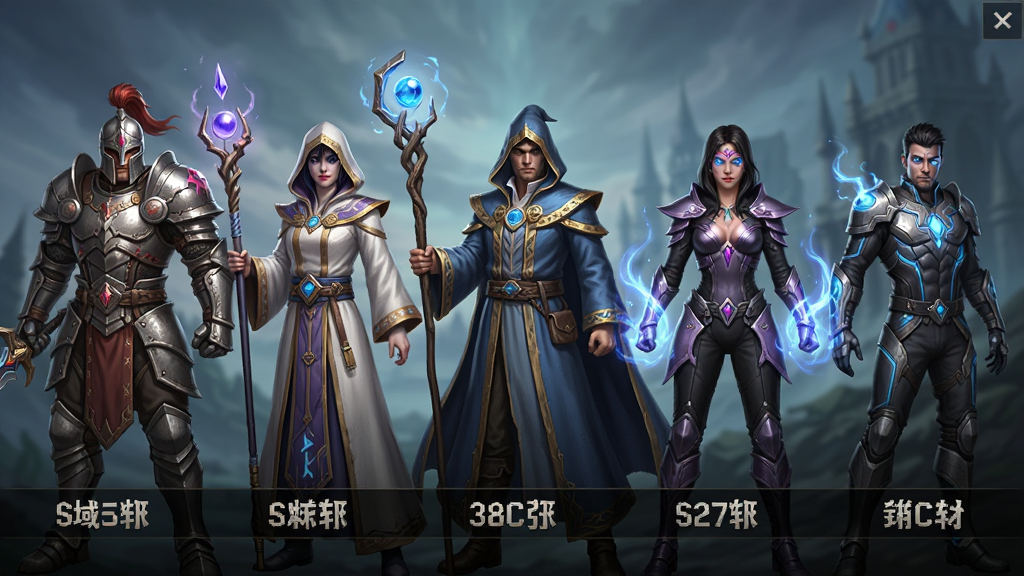 魔域口袋版职业选择界面图,主体是五个不同职业的角色并排站立展示,布局为横向排列,排版每个角色下方标注职业名称,风格为魔幻写实风,细节包括战士铠甲、法师法杖、异能者光效,画质高清、干净、无多余元素