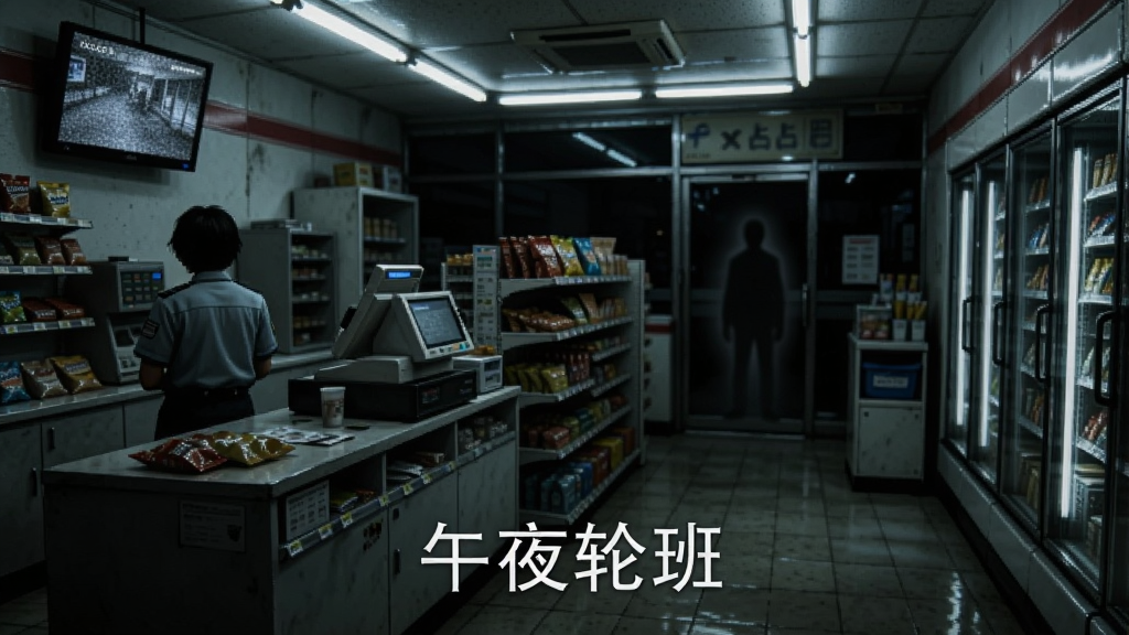 画面主体为一间深夜便利店内部场景,布局从左到右依次是收银台、货架区和冷柜,收银台后站着穿着制服的店员背影,货架尽头黑暗处隐约浮现一个模糊轮廓,排版采用横版宽幅构图,风格为恐怖写实数字绘画,细节包含闪烁的日光灯、散落的商品、监控屏幕上的雪花噪点,画质高清干净,画面中下方用白色字体写着