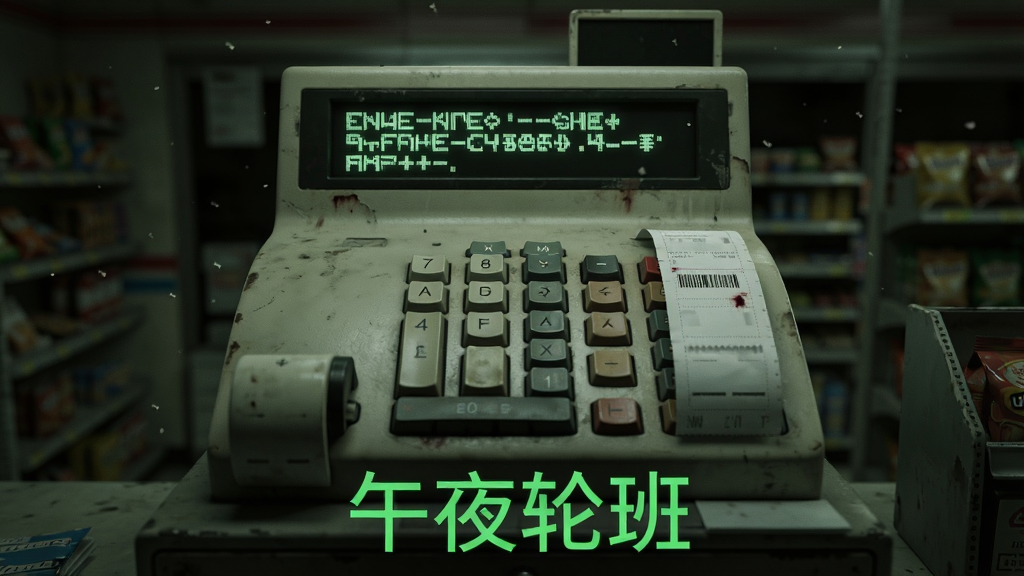 画面主体为一台老式收银机屏幕上显示乱码文字,布局以收银机为中心,周围是昏暗的便利店环境,排版采用居中特写构图,风格为复古恐怖电子风格,细节包含收银机按键、打印纸条、周围漂浮的灰尘颗粒,画质清晰干净,画面下方用绿色字体写着