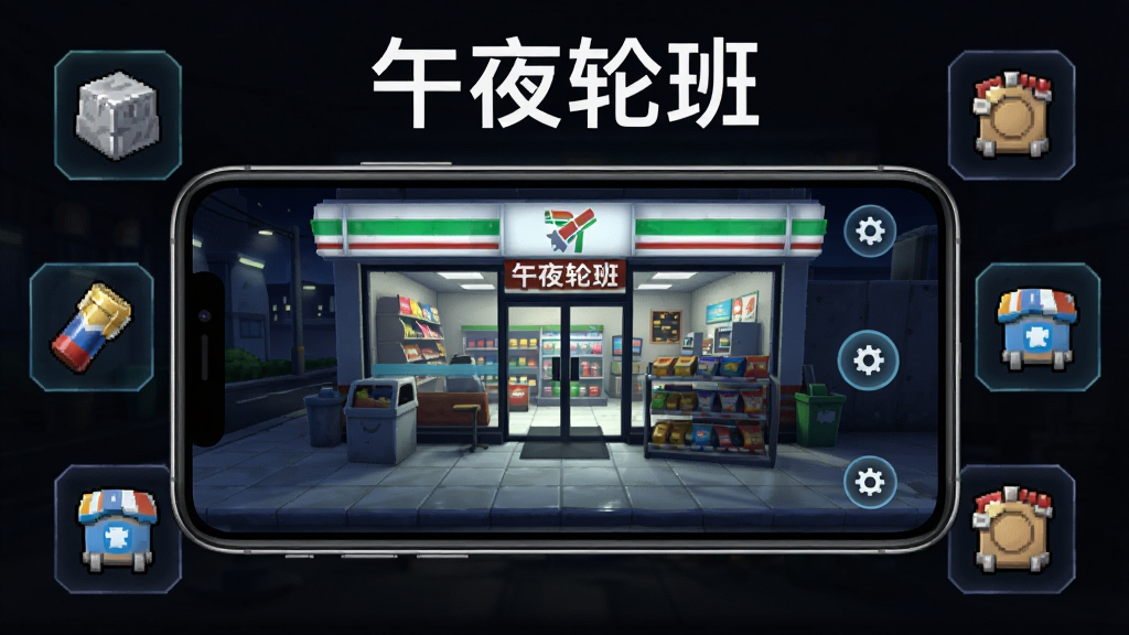 画面主体为一部智能手机横屏显示午夜轮班游戏界面,布局以手机为中心,周围环绕游戏道具图标和提示文字,排版采用产品展示风格构图,风格为科技感UI设计,细节包含手机边框、游戏画面中的便利店场景、悬浮的设置按钮,画质清晰干净,画面顶部用白色字体写着