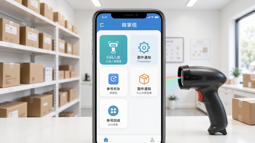 微掌柜软件主界面全貌展示,主体为一部智能手机屏幕,屏幕上显示微掌柜快递入库管理界面,包含扫码入库、取件通知、单号回收等功能模块图标,布局清晰整齐,背景为干净明亮的室内快递驿站场景,风格为写实科技感,细节包括货架上的包裹和扫码枪,画质清晰,干净,无多余元素