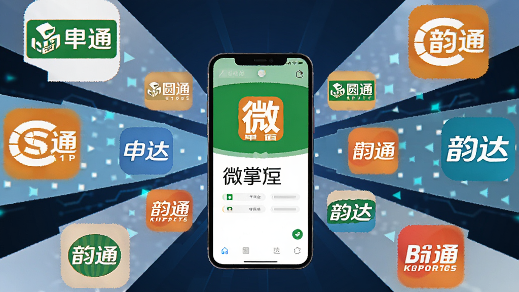 微掌柜多平台单号源聚合功能展示图,主体为手机屏幕显示多个快递公司图标围绕微掌柜界面,布局为中心放射状排列,风格为扁平化科技风,细节包括中通、圆通、申通、韵达等快递标识,画质清晰,干净,无多余元素