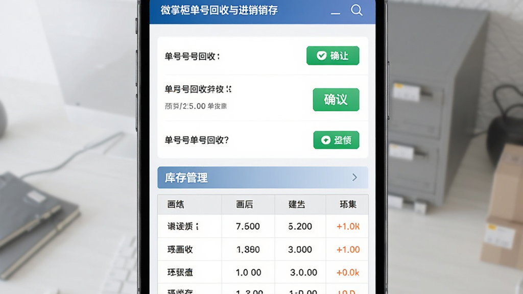 微掌柜单号回收与进销存功能界面图,主体为手机屏幕展示单号回收列表和库存管理表格,布局为上下分栏,风格为简约商务风,细节包括绿色确认按钮和库存数字标识,画质清晰,干净,无多余元素