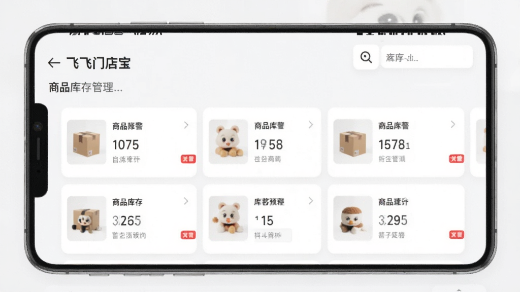飞飞门店宝 商品库存管理页面 手机屏幕显示商品列表和库存预警提示 主体为库存管理界面 布局为卡片列表式 排版整齐 风格为素雅极简风 细节包含商品缩略图、库存数字、预警红色标记 画质清晰 干净 无多余元素