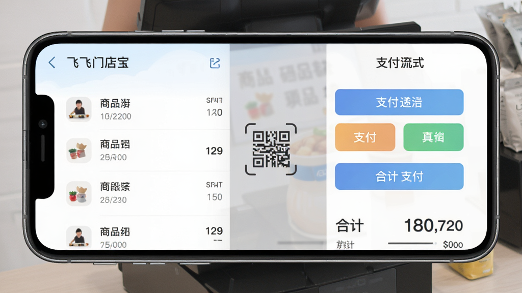 飞飞门店宝 收银结算界面 手机屏幕展示扫码结算流程 主体为收银操作界面 布局为上下结构 排版左侧商品清单右侧支付方式 风格为清新浅色商务风 细节包含扫码图标、支付方式按钮、合计金额数字 画质清晰 干净 无多余元素