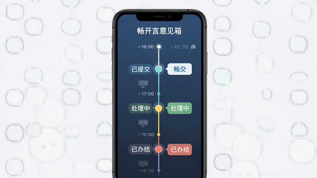 实时进度追踪界面示意图,主体为手机屏幕中一条纵向时间轴,节点包含已提交、处理中、已办结三个状态,布局纵向排列,排版清晰,风格简洁商务,细节中时间轴上方显示“畅开言意见箱”标题,画质高清,干净,无多余元素