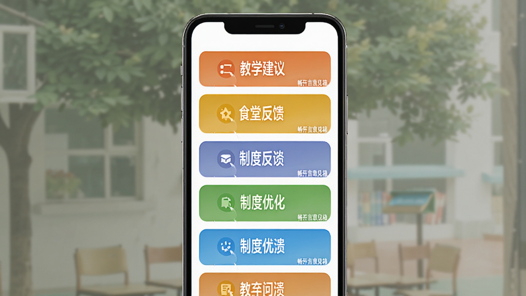 多场景分类收集功能展示图,主体为手机界面中多个彩色分类标签卡片,如教学建议、食堂反馈、制度优化等,布局采用瀑布流排列,排版整齐,风格清新明快,细节中带有“畅开言意见箱”小字标识,画质高清,干净,无多余元素