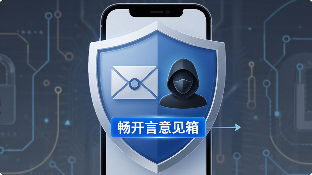 匿名保护功能示意图,主体是手机屏幕中一个密封信封图标与隐身人像剪影,布局以盾牌为核心视觉元素,排版简洁,风格科技感与安全感并重,细节包含“畅开言意见箱”字样以蓝色高亮显示,画质高清,干净,无多余元素