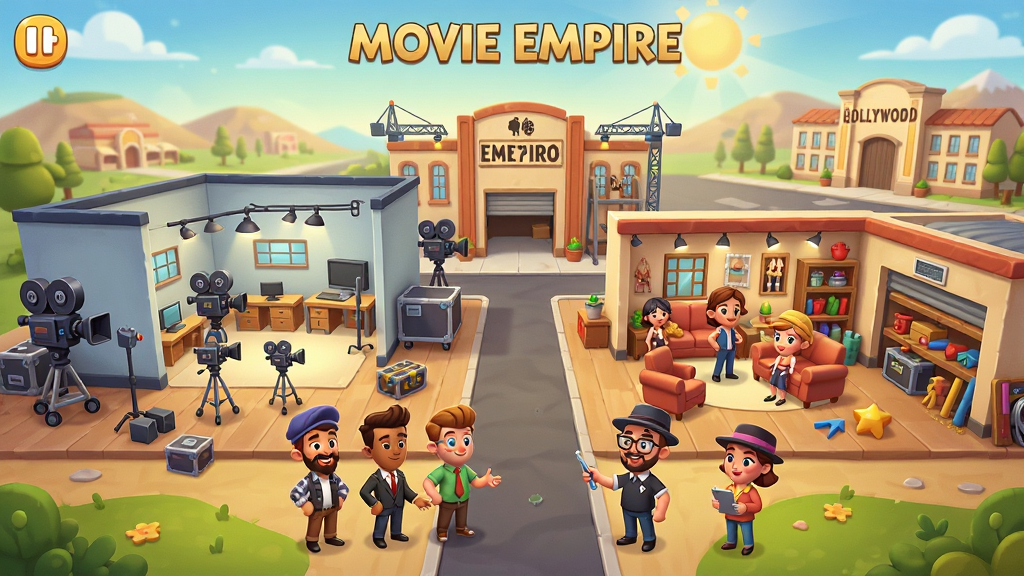 Movie Empire: Idle 游戏主界面场景,画面中央是一座正在建设中的电影制片厂,左侧是摄影棚和拍摄设备,右侧是演员休息区和道具仓库,前景有几位卡通风格的演员和导演角色正在忙碌,背景是阳光明媚的好莱坞式外景地,整体采用明亮温暖的美式卡通风格,细节丰富,画质清晰,干净无多余元素