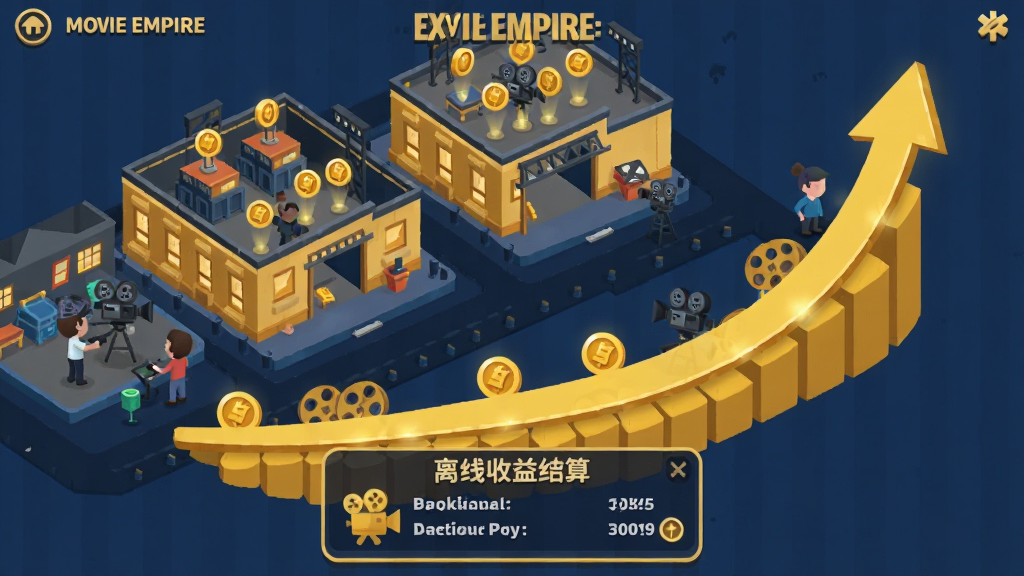 Movie Empire: Idle 放置收益系统界面,画面展示一个电影片场俯瞰图,多个摄影棚同时运作,金币图标从建筑中飘出并汇聚成一条上升的金色曲线,屏幕底部有离线收益结算弹窗,整体采用简洁明快的扁平化卡通风格,色彩以金色和深蓝色为主,画质清晰,干净无多余元素
