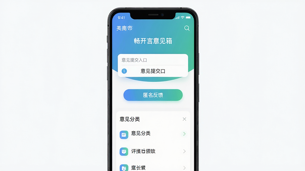 软件全貌展示图,主体是一部安卓手机屏幕,屏幕中显示“畅开言意见箱”应用主界面,界面包含意见提交入口、匿名反馈按钮、意见分类列表等模块,布局清晰有序,排版居中,风格现代简约扁平化,细节上采用蓝绿渐变主色调,图标圆润,画质高清,干净,无多余元素