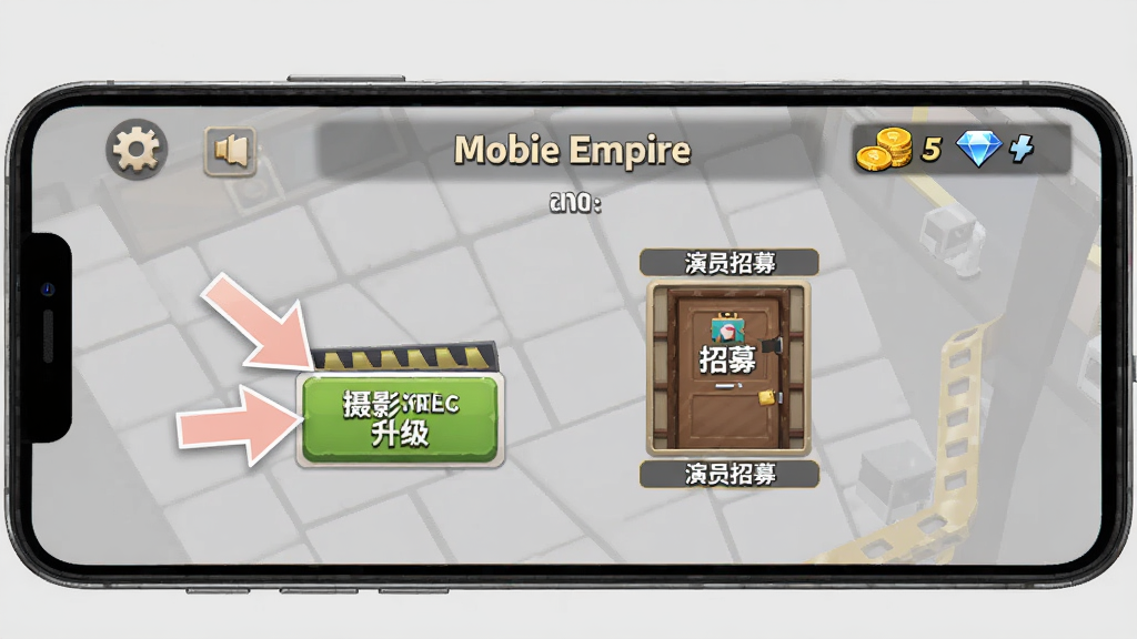 Movie Empire: Idle 新手操作界面,画面展示一部安卓手机屏幕,屏幕上显示游戏的新手引导步骤,有箭头指向摄影棚升级按钮和演员招募入口,屏幕旁边有金币和钻石资源栏,整体采用简洁的教程风格,背景为浅灰色,画质清晰,干净无多余元素
