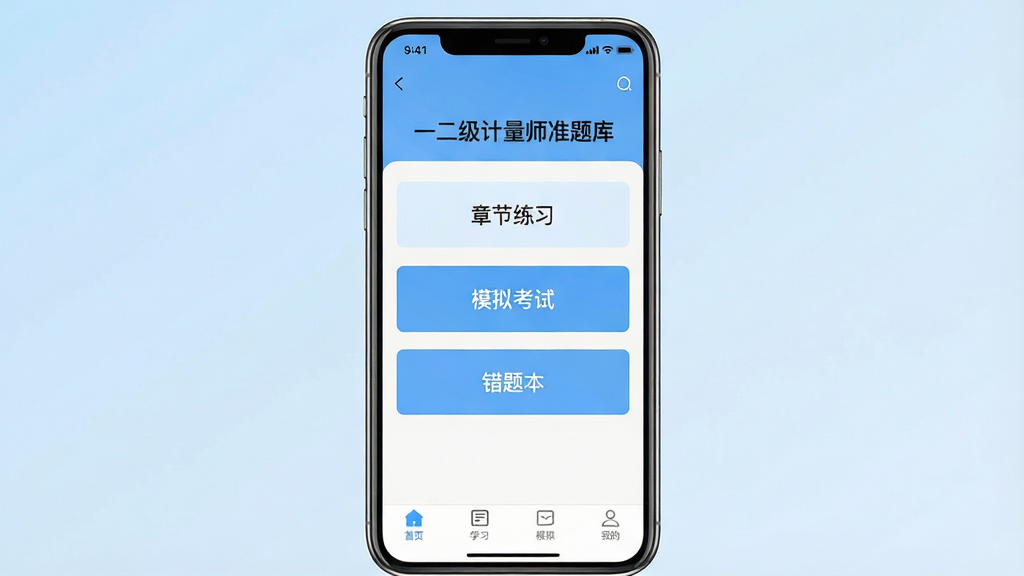一张展示手机屏幕内学习类应用界面的图片,画面中央是一部竖屏智能手机,屏幕内显示“一二级计量师准题库”主界面,包含章节练习、模拟考试、错题本等功能入口按钮,整体布局简洁清晰,背景为浅蓝色渐变,风格现代教育类APP视觉,细节包括顶部状态栏和底部导航栏,画质清晰,干净,无多余元素