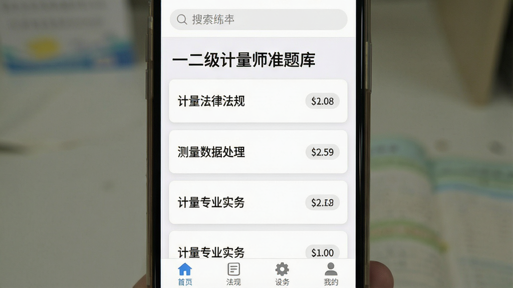 一张展示手机屏幕内题库列表界面的图片,画面中央是一部智能手机,屏幕上显示“一二级计量师准题库”的章节练习列表,包含“计量法律法规”“测量数据处理”“计量专业实务”等条目,每个条目右侧有题目数量标签,背景为白色卡片式布局,风格简洁教育类APP,细节包括顶部搜索框和底部标签栏,画质清晰,干净,无多余元素