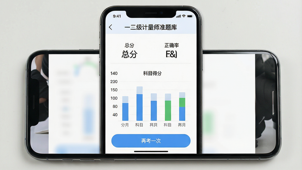 一张展示手机屏幕内模拟考试成绩报告界面的图片,画面中央是一部智能手机,屏幕上显示“一二级计量师准题库”的模拟考试结果页面,包含总分、正确率、各科目得分柱状图,背景为白色,风格数据可视化教育类APP,细节包括顶部标题和底部“再考一次”按钮,画质清晰,干净,无多余元素