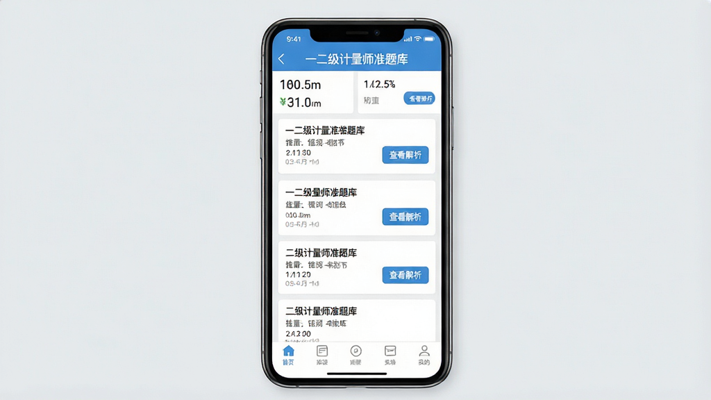 一张展示手机屏幕内错题本界面的图片,画面中央是一部智能手机,屏幕上显示“一二级计量师准题库”的错题本页面,包含多道错题条目和“查看解析”按钮,背景为浅灰色,风格清爽学习类APP,细节包括顶部统计数据和底部导航栏,画质清晰,干净,无多余元素