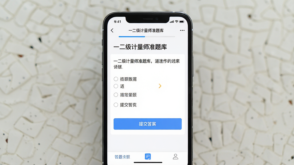 一张展示手机屏幕内做题界面的图片,画面中央是一部智能手机,屏幕上显示“一二级计量师准题库”的单选题作答页面,包含题干、四个选项和“提交答案”按钮,背景为白色,风格简洁教育类APP,细节包括顶部进度条和底部答题卡入口,画质清晰,干净,无多余元素