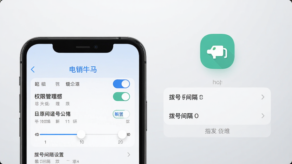 电销牛马新手设置界面,手机屏幕显示权限管理列表与拨号间隔设置选项,背景为浅灰色渐变,主体为手机与设置图标,布局为上下结构,风格为扁平化实用风,细节包括开关按钮、滑块调节、提示文字,画质高清,干净,无多余元素
