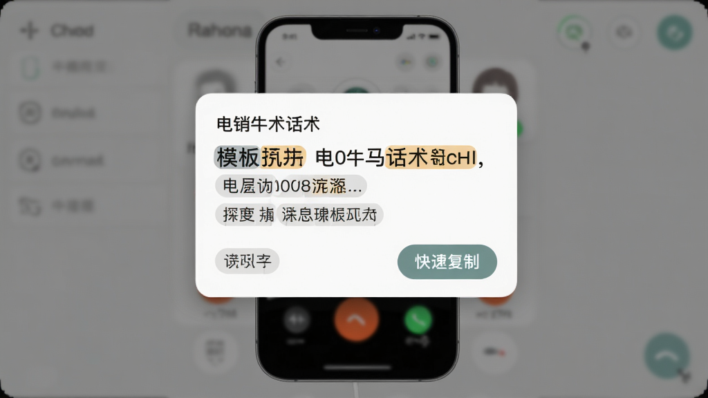 电销牛马话术提示界面,手机屏幕悬浮显示话术卡片,卡片中包含文字模板与快捷复制按钮,背景为模糊的通话界面,主体为手机与话术卡片,布局为居中弹出式,风格为现代简约风,细节包括高亮关键词、标签分类,画质高清,干净,无多余元素