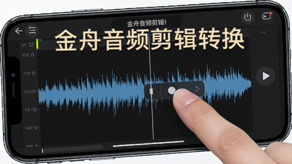 一部手机横屏显示音频波形编辑界面,画面中“金舟音频剪辑转换”的文字清晰可见,用户手指正在拖动波形上的剪辑滑块。背景为深色专业音频软件风格,带有时间刻度线和播放按钮。整体画质清晰,干净,无多余元素