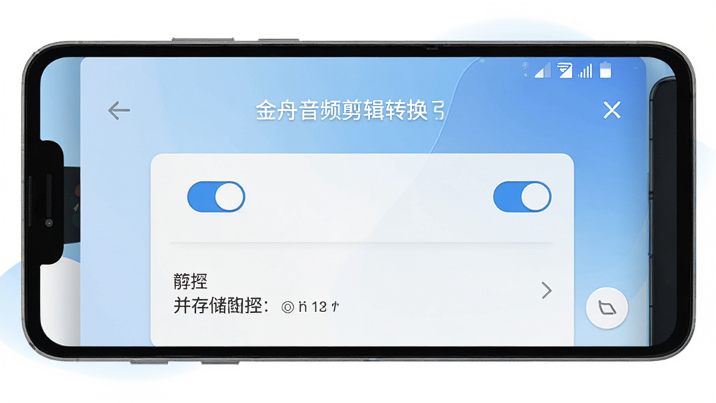 一部安卓手机显示“金舟音频剪辑转换”的权限设置引导页面,画面中有清晰的权限开关图标和存储路径选择界面,背景是柔和的浅蓝色渐变,画质清晰,干净,无多余元素