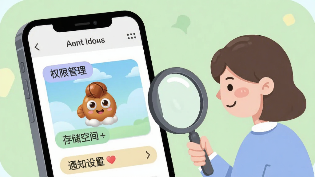 一张展示糖果小圈新手使用指南的插图,画面中是一部手机屏幕显示糖果小圈的设置页面,旁边有一个卡通人物拿着放大镜查看权限列表,背景是浅绿色,画面中有“权限管理”“存储空间”“通知设置”等标签,整体风格扁平化插画,色彩柔和,画质清晰,干净无多余元素
