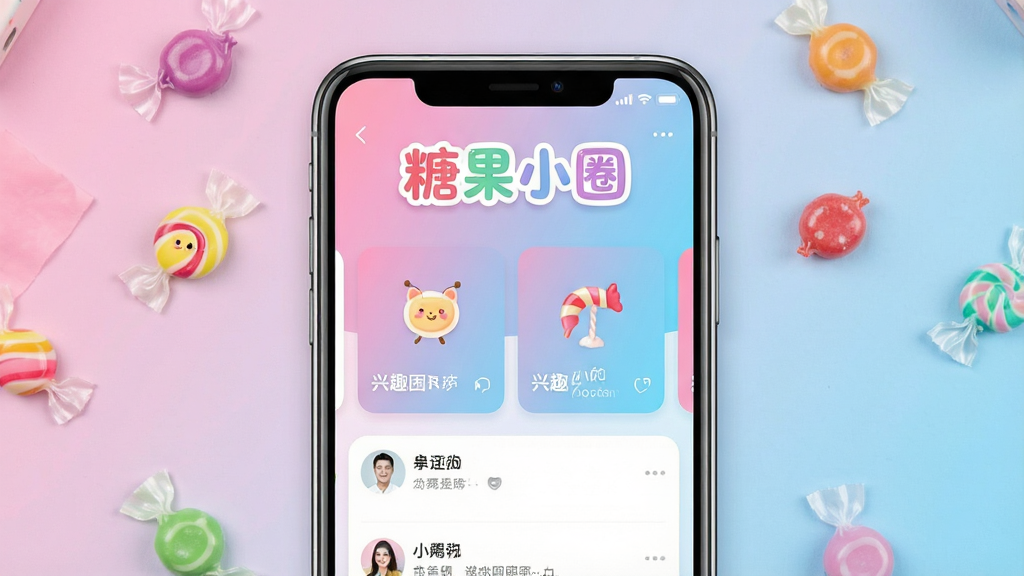 一张展示糖果小圈社交应用界面的手机样机图,画面中央是一部智能手机,屏幕上显示着糖果小圈APP的主页,页面顶部有“糖果小圈”四个彩色圆润字体的Logo,下方是各种兴趣圈子卡片和用户动态,整体色彩以粉蓝渐变为主,风格清新可爱,周围散落着几颗彩色糖果装饰,布局简洁明快,画质清晰,干净无多余元素