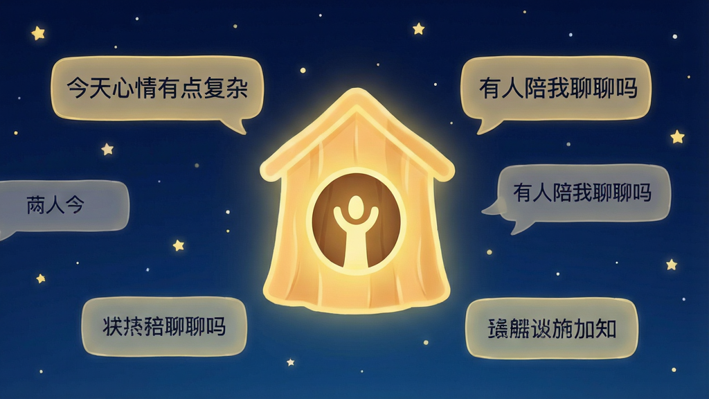 一张展示糖果小圈匿名树洞功能的场景图,画面中是一个夜晚的星空背景,中央漂浮着一个发光的树洞形状图标,树洞周围环绕着几个半透明的对话气泡,气泡中写着“今天心情有点复杂”“有人陪我聊聊吗”等文字,整体色调为深蓝与暖黄对比,氛围温馨治愈,画质清晰,干净无多余元素