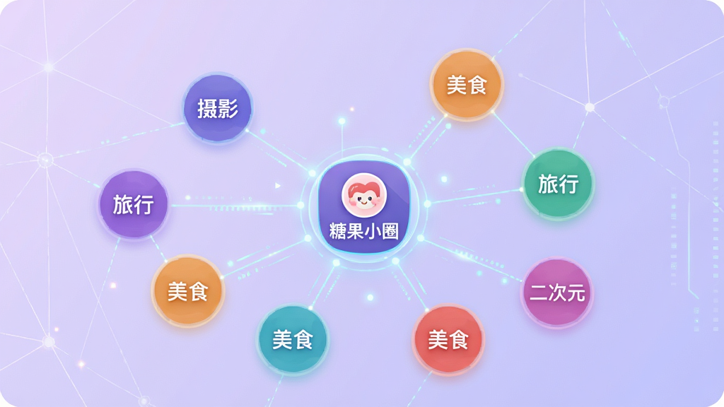 一张展示糖果小圈兴趣圈层匹配功能的插图,画面中是一张发光的网络拓扑图,中心是“糖果小圈”图标,向外连接着多个不同颜色的圆形节点,节点上分别标注着“摄影”“美食”“旅行”“二次元”等标签,节点之间用细线相连,背景是柔和的浅紫色渐变,整体风格科技感与可爱感结合,画质清晰,干净无多余元素