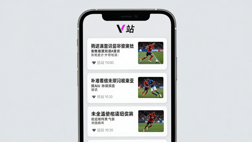 V站资讯推送界面,手机屏幕显示多条体育新闻卡片,每条卡片有标题和缩略图,顶部有V站logo,背景为浅灰色,排版整洁,画质干净,无多余元素