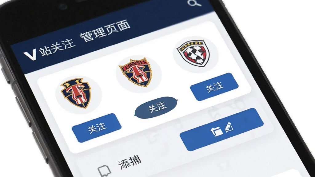 V站关注管理页面,手机屏幕显示多个球队图标和关注按钮,界面有添加和编辑选项,背景为白色,布局清晰,画质干净,无多余元素