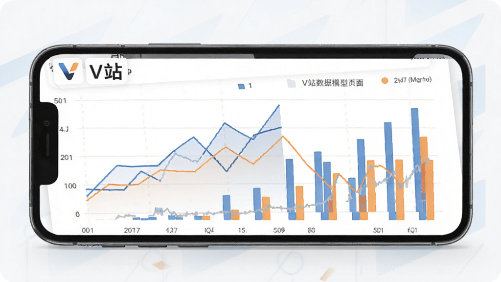 V站数据模型页面,手机屏幕显示折线图和柱状图组合的数据面板,图表颜色以蓝色和橙色为主,页面标题有V站标识,背景简洁,画质清晰,无多余元素