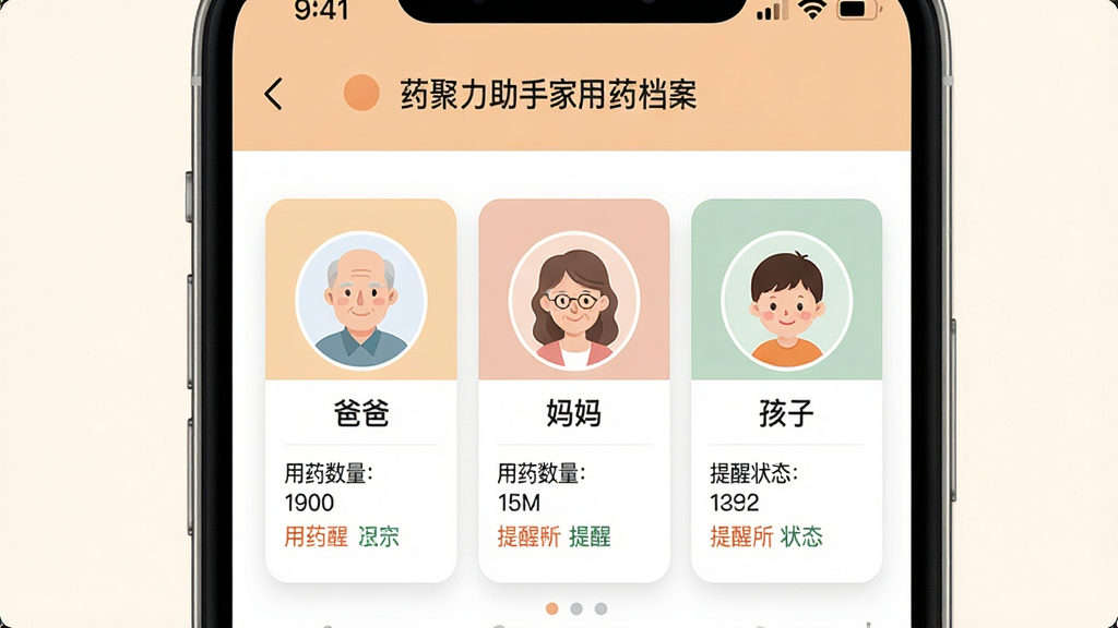 一张展示药聚力助手家庭用药档案功能的图片,画面中手机屏幕显示药聚力助手档案管理界面,包含“爸爸”“妈妈”“孩子”三个头像卡片,每个卡片下方有用药数量和提醒状态,布局整齐,风格温馨,画质高清,干净无多余元素