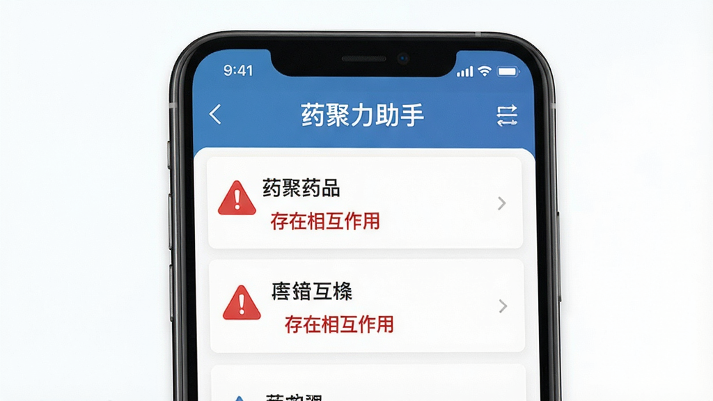 一张展示药聚力助手药物相互作用检测功能的图片,画面中手机屏幕显示药聚力助手检测结果页面,列出两种药品名称并用红色警示图标标注“存在相互作用”,背景为白色,排版清晰,风格专业,画质高清,干净无多余元素