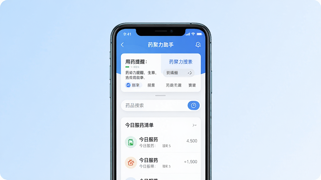 一张展示药聚力助手软件主界面的图片,画面中央是手机屏幕,屏幕内显示药聚力助手应用首页,包含用药提醒卡片、药品搜索框和今日服药清单,背景为干净的浅蓝色渐变,风格简洁现代,细节清晰,画质高清,干净无多余元素