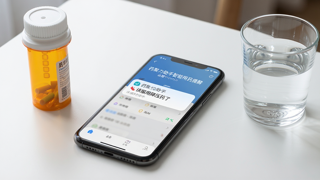 一张展示药聚力助手智能用药提醒功能的图片,画面中一部手机放置在桌面上,屏幕显示药聚力助手提醒界面,弹出“该服用降压药了”的通知卡片,旁边有药瓶和一杯水,布局简洁,风格写实,细节丰富,画质高清,干净无多余元素