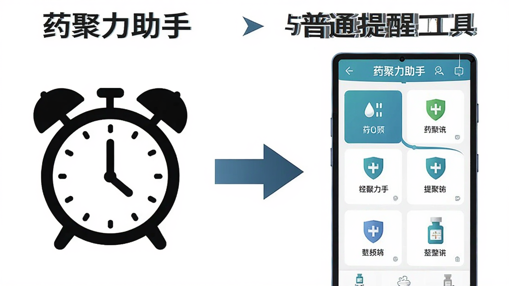 一张展示药聚力助手与普通提醒工具对比的图片,画面左侧是简单的闹钟图标,右侧是药聚力助手完整功能界面,中间用箭头连接,背景为白色,风格信息图,布局清晰,画质高清,干净无多余元素