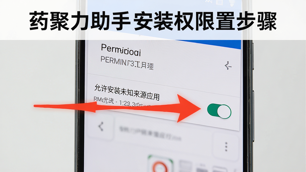 一张展示药聚力助手安装权限设置步骤的图片,画面中手机屏幕显示安卓系统权限管理页面,箭头指向“允许安装未知来源应用”开关,背景为浅灰色,风格教程化,细节清晰,画质高清,干净无多余元素