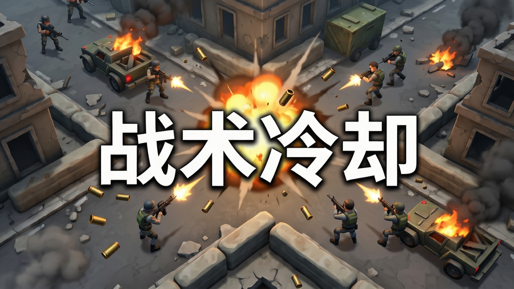 俯视角射击游戏战场全景,主体为多名特工角色在废墟城市中交火,布局采用对角线构图展现纵深,排版强调中央爆炸特效与四周掩体,风格为写实卡通渲染,细节包括弹壳飞溅、载具燃烧、烟雾弥漫,画质高清干净无多余元素,画面中央用白色粗体字写着