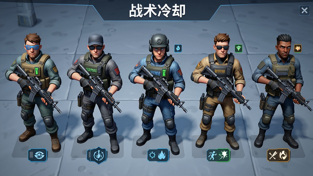 俯视角射击游戏特工角色选择界面,主体为五位不同造型的特工并排站立,布局采用横向排列展示角色差异,排版整齐清晰,风格为写实卡通渲染,细节包括每位特工的独特装备与技能图标,画质高清干净无多余元素,界面顶部写着