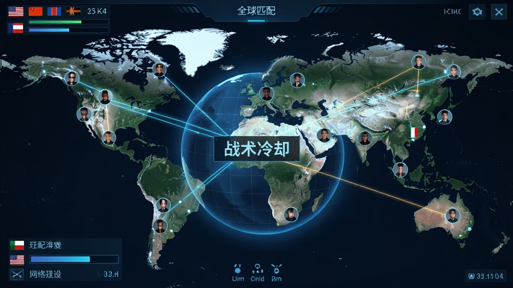 俯视角射击游戏全球匹配界面,主体为世界地图上多个玩家头像连接对战,布局采用地球仪为中心向四周辐射连线,排版突出国际化氛围,风格为科技感UI设计,细节包括各国国旗图标、匹配进度条、网络延迟显示,画质高清干净无多余元素,地图中央标注