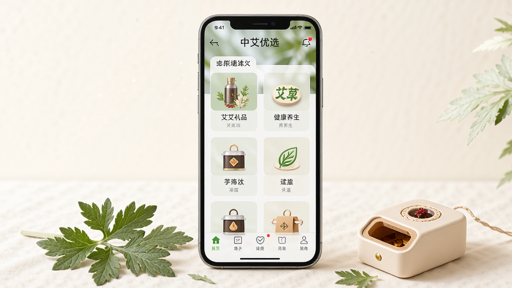 画面主体是一部智能手机,屏幕上显示着中艾优选APP的首页界面,界面中包含艾草制品、健康养生等商品分类图标。布局采用居中构图,手机下方散落着几片绿色的艾草叶和精致的艾灸盒。排版简洁,风格为清新自然、健康生活风。细节上手机屏幕带有轻微反光,背景是柔和的米白色。画质高清,干净,无多余元素。
