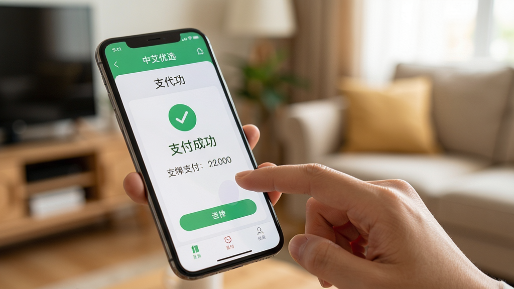 画面主体是一只手拿着手机,屏幕显示中艾优选订单支付成功页面,页面带有绿色对勾和“支付成功”字样。布局为特写镜头,背景是模糊的居家环境。排版突出手机屏幕。风格为温馨生活化。细节上手指轻触屏幕,光线自然。画质高清,干净,无多余元素。