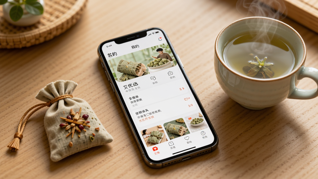 画面主体是手机屏幕显示中艾优选APP的“我的”页面,旁边放着一个小巧的艾草香囊和一杯热茶。布局为桌面静物摆放,手机倾斜放置。排版舒适。风格为居家生活风。细节上屏幕亮度适中,茶具带有热气。画质高清,干净,无多余元素。