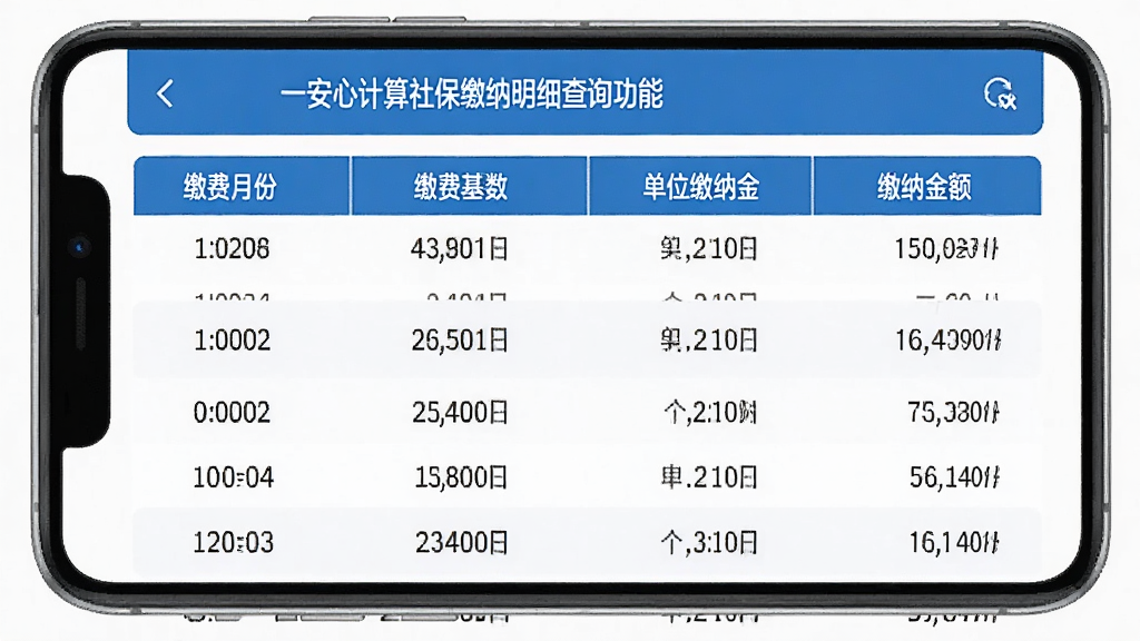 电子社保安心计算社保缴纳明细查询功能界面,手机屏幕显示详细的社保缴费记录列表,包含缴费月份、缴费基数、单位缴纳金额和个人缴纳金额等数据,界面排版整齐,采用蓝色表头与白色底色搭配,风格商务简约,画质清晰,干净无冗余信息