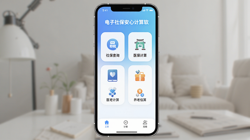 电子社保安心计算软件主界面全貌展示,主体为一部智能手机屏幕,屏幕中央显示电子社保安心计算应用首页,包含社保查询、医保计算、养老估算等功能入口图标,布局简洁清晰,背景为柔和的蓝白渐变色调,整体风格干净清爽,画质高清,无多余元素