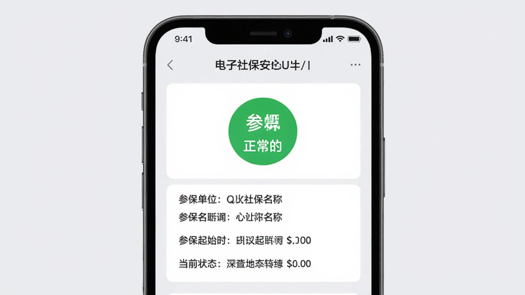 电子社保安心计算参保状态查验界面,手机屏幕显示参保状态为正常的绿色标识,下方列出参保单位名称、参保起始时间和当前状态等关键信息,界面采用浅灰色背景与白色卡片式布局,风格简约商务,画质清晰,无多余元素