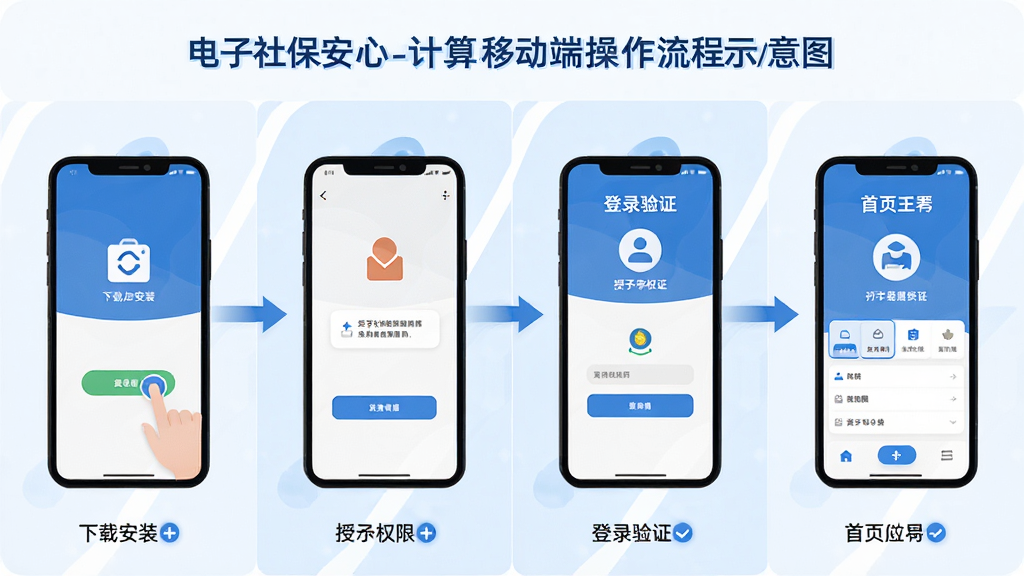 电子社保安心计算移动端操作流程示意图,画面展示一部手机从下载安装到打开使用的完整步骤,包含点击安装、授予权限、登录验证和首页展示四个阶段,布局为横向四格排列,风格扁平化插画,色调以蓝白为主,画质高清,干净整洁,无多余文字