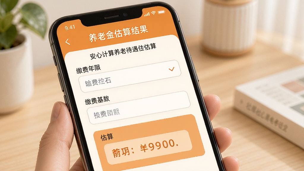 电子社保安心计算养老待遇估算功能界面,手机屏幕显示养老金估算结果页面,包含缴费年限输入框、缴费基数输入框和估算结果展示区域,界面以暖橙色为主色调,布局清晰,风格温和亲切,画质高清,干净整洁